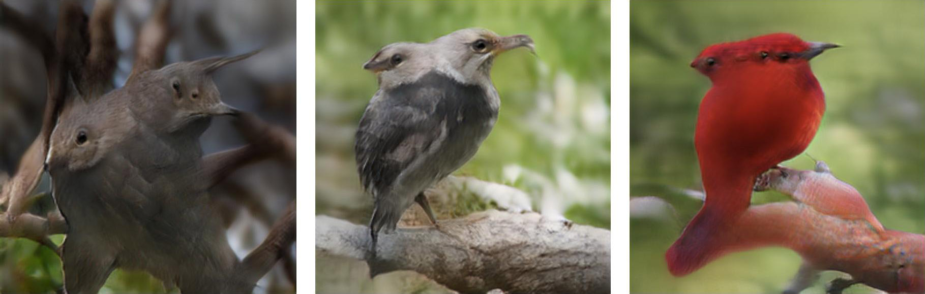 Three AI-generated images of small British birds, each with two heads